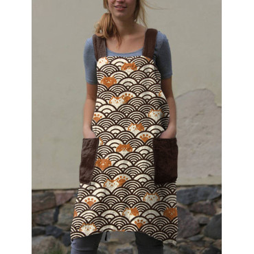 Japanese Waves And Cats Pattern Linen Cross Back Apron