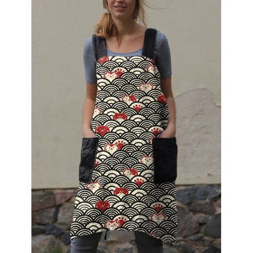 Japanese Waves And Cats Pattern Linen Cross Back Apron