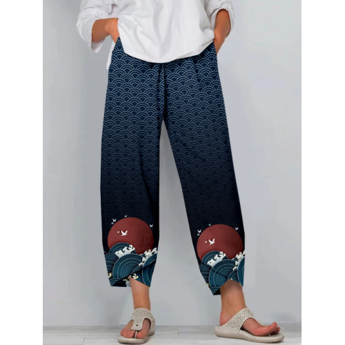 Japanese Waves Art Pattern Cropped Casual Pants