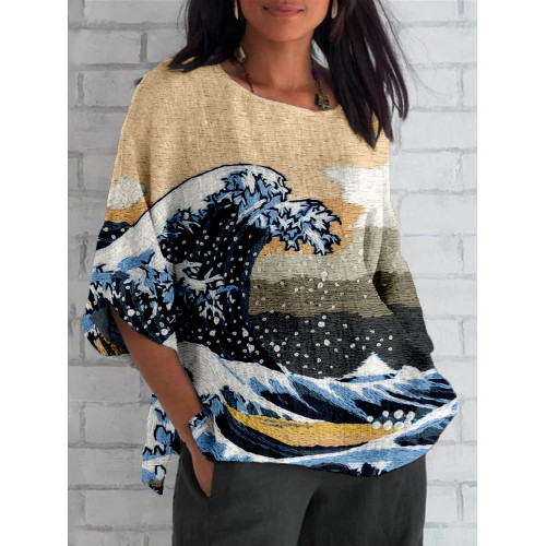 Japanese Waves Embroidered Pattern Linen Blend Shirt