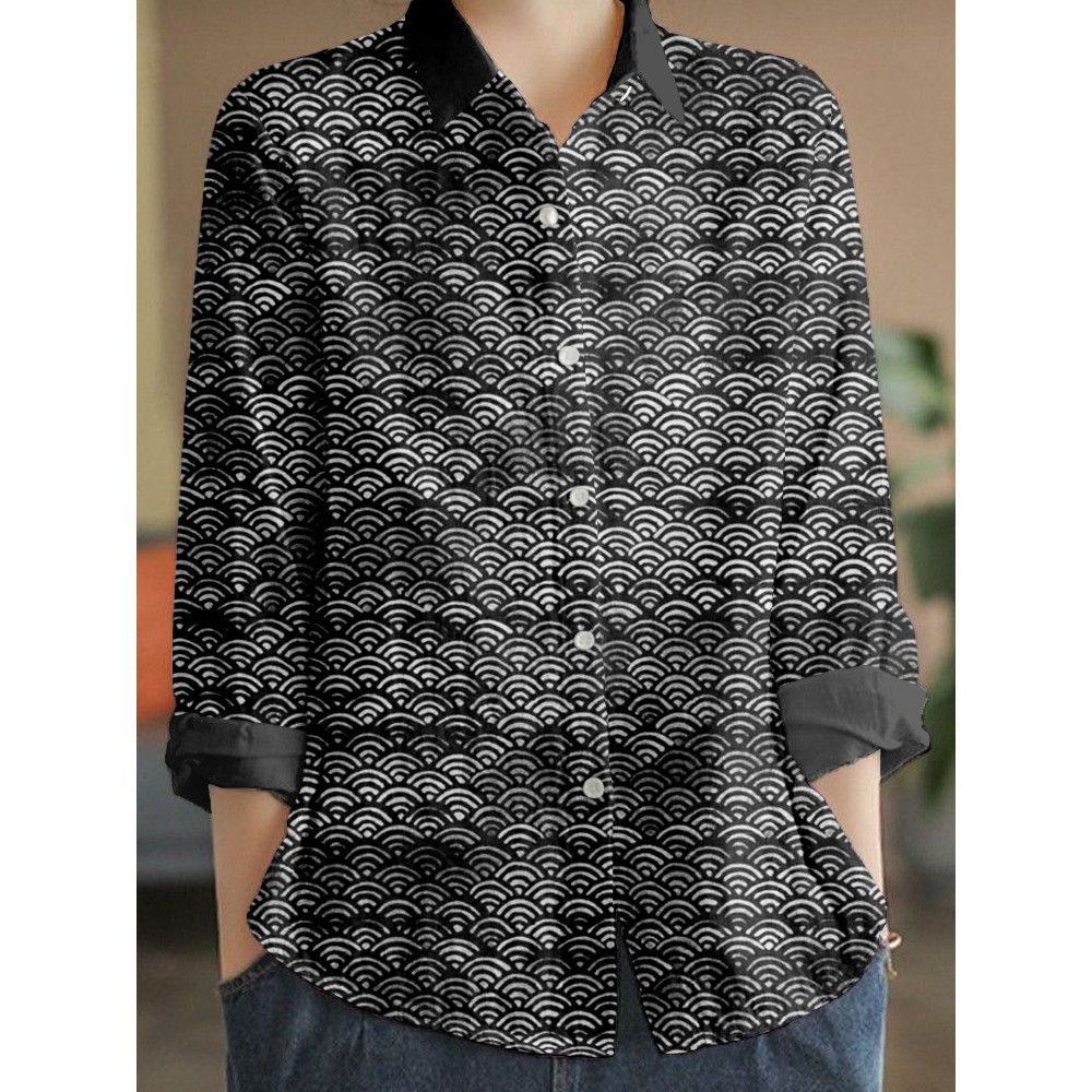 Japanese Waves Inspired Pattern Linen Blend Blouse