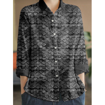 Japanese Waves Inspired Pattern Linen Blend Blouse