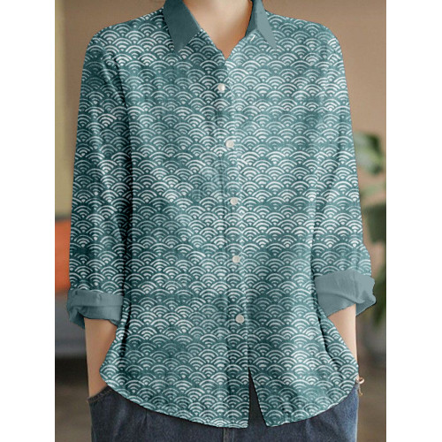 Japanese Waves Inspired Pattern Linen Blend Blouse