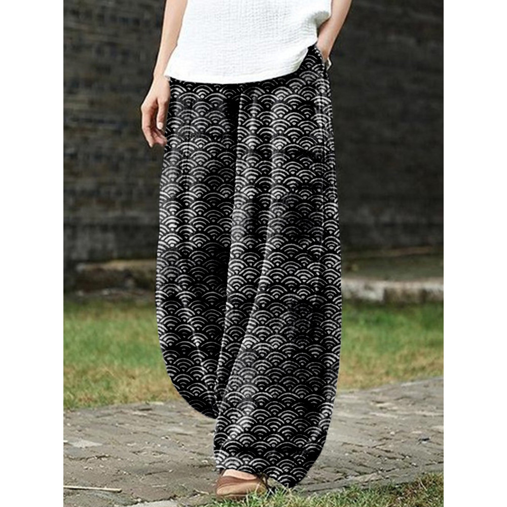 Japanese Waves Inspired Pattern Linen Blend Casual Pants