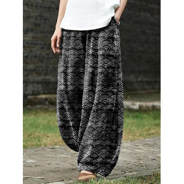 Japanese Waves Inspired Pattern Linen Blend Casual Pants