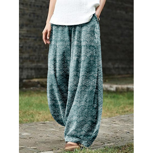 Japanese Waves Inspired Pattern Linen Blend Casual Pants