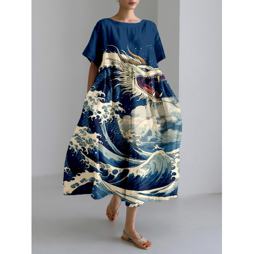 Japanese Waves & Dragon Art Linen Blend Maxi Dress