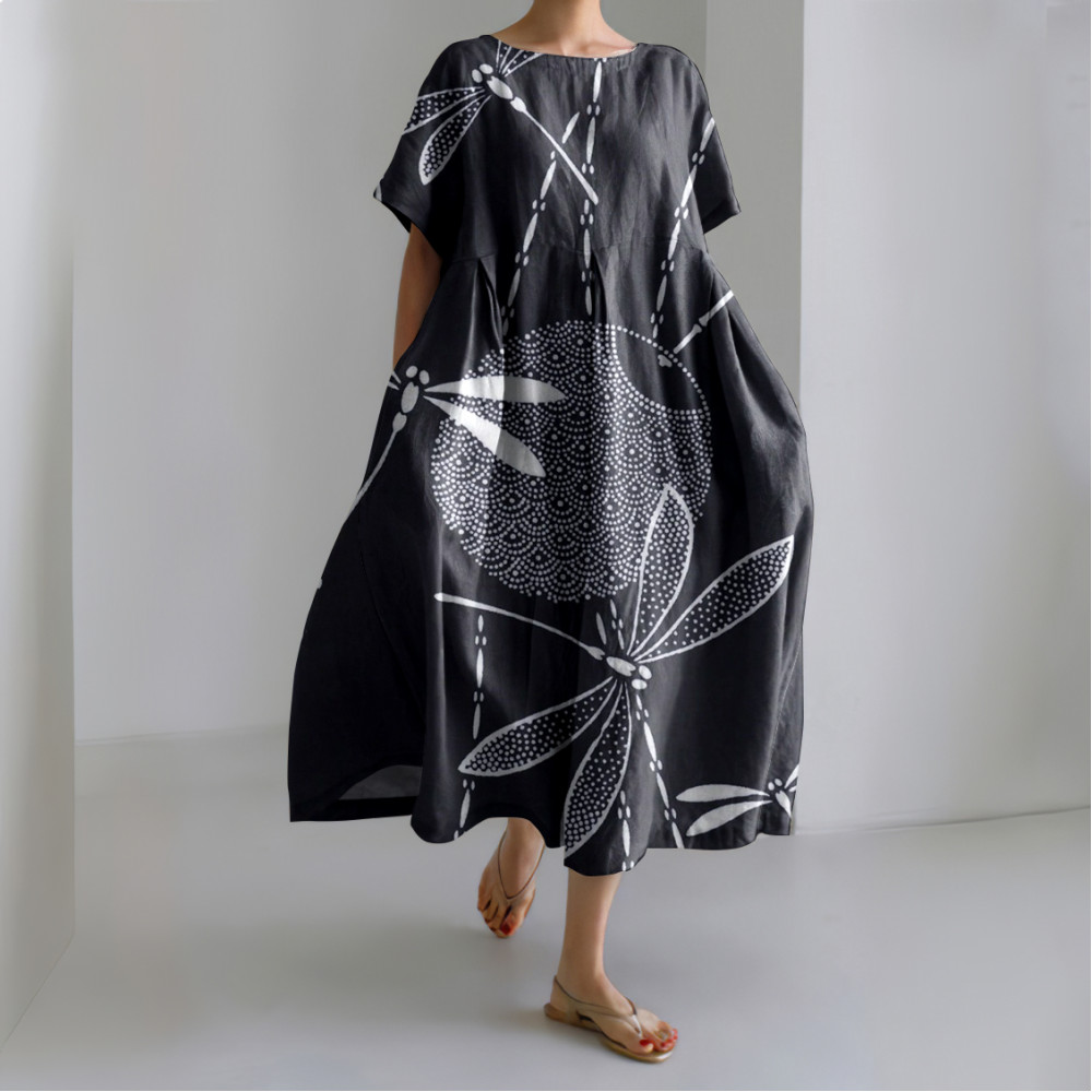 Japanese Waves & Dragonflies Art Linen Blend Casual Dress