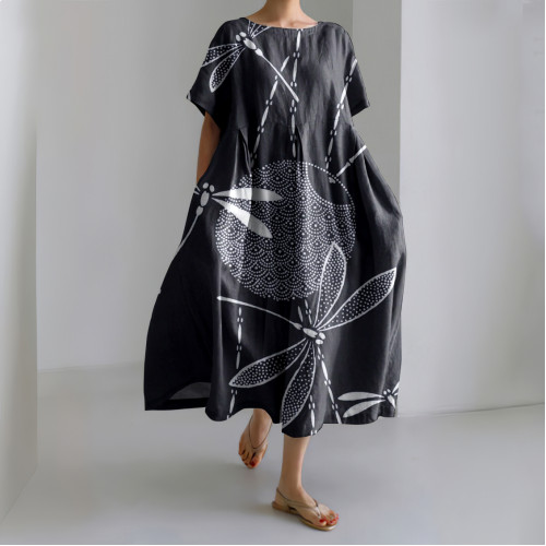 Japanese Waves & Dragonflies Art Linen Blend Casual Dress