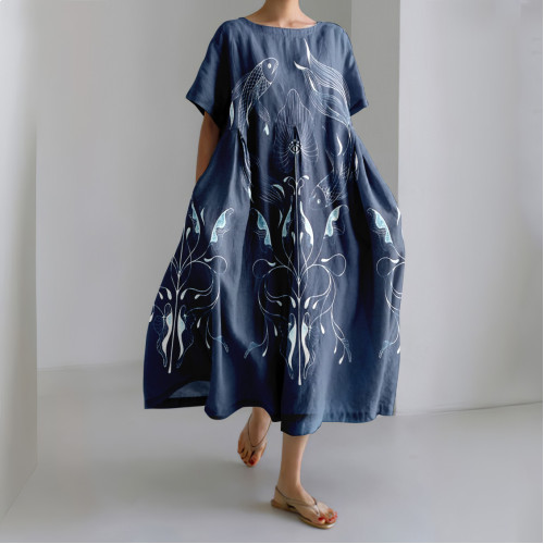 Japanese cyanotype With The Pisces Motive Art Linen Blend Casual Dress