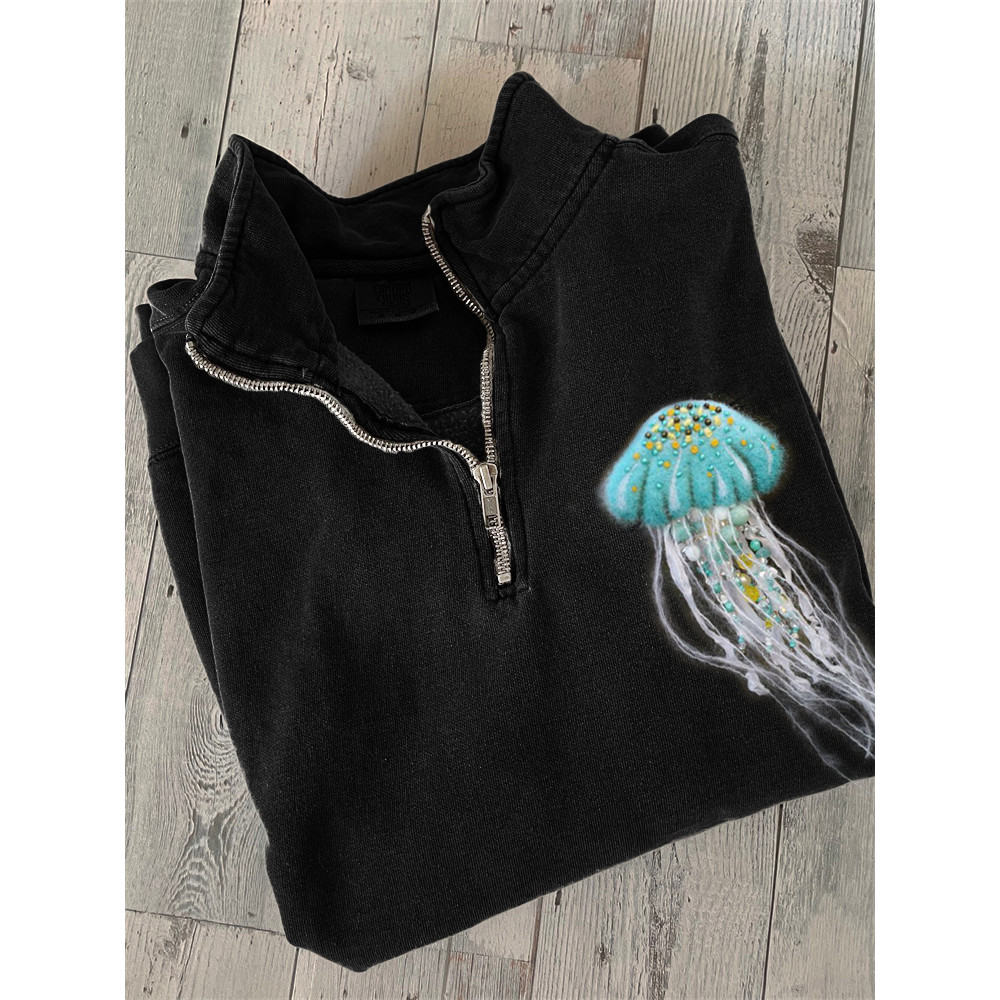Jellyfish Beaded Wool Art Zip Up Sweatshirt