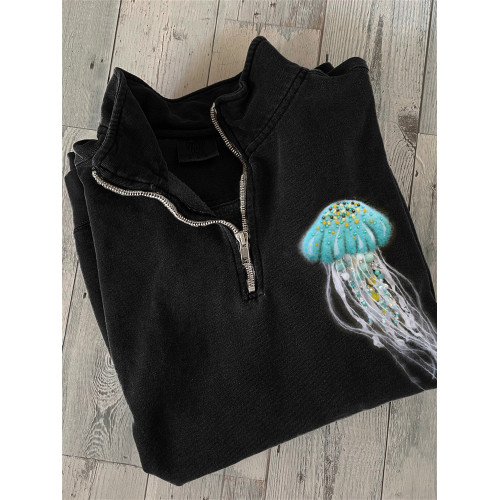Jellyfish Beaded Wool Art Zip Up Sweatshirt
