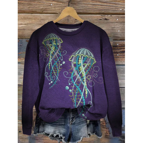 Jellyfish Embroidery Art Crew Neck Comfy Sweatshirt