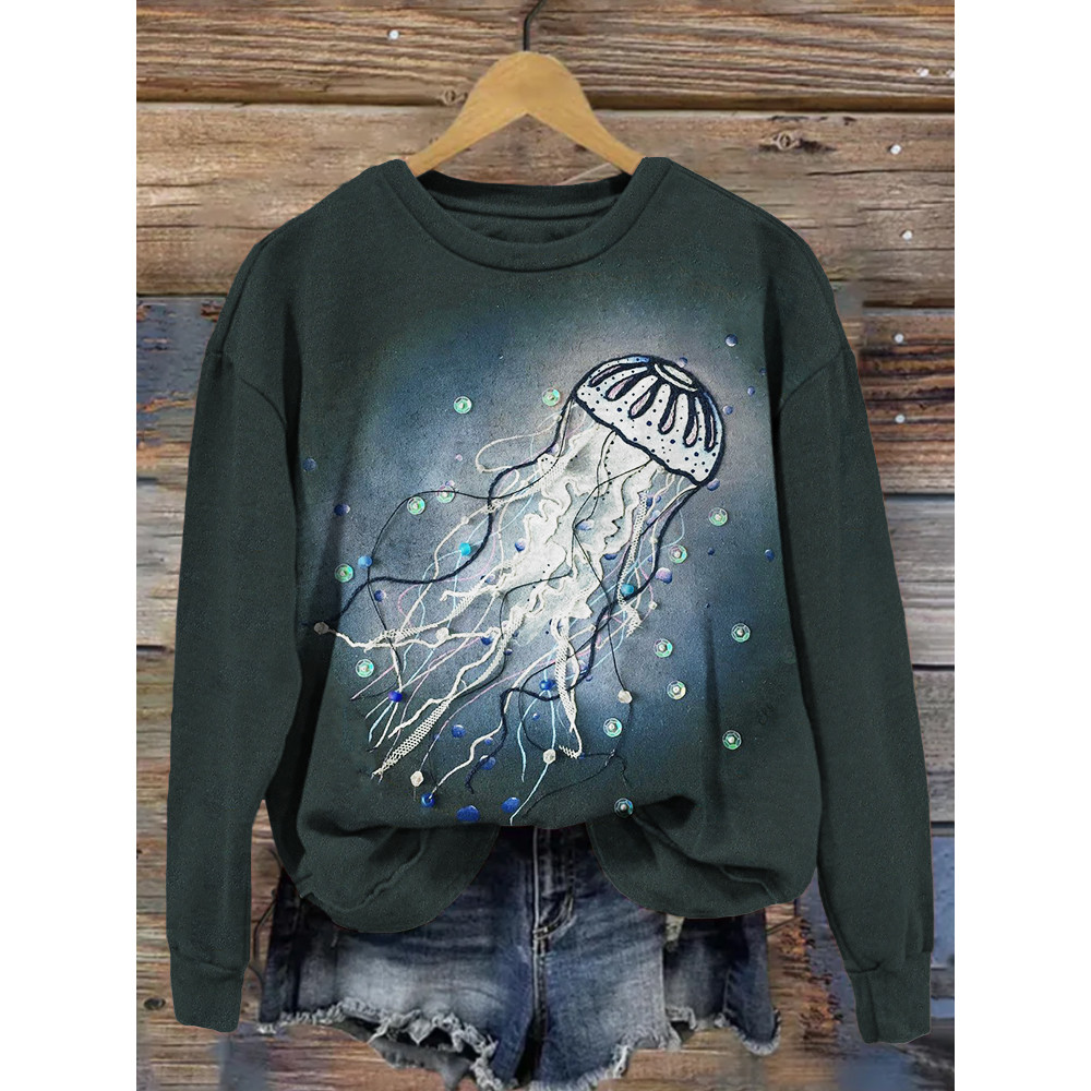 Jellyfish Embroidery Art Crew Neck Comfy Sweatshirt