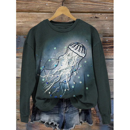 Jellyfish Embroidery Art Crew Neck Comfy Sweatshirt