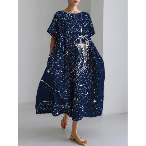 Jellyfish Print Linen Blend Casual Dress