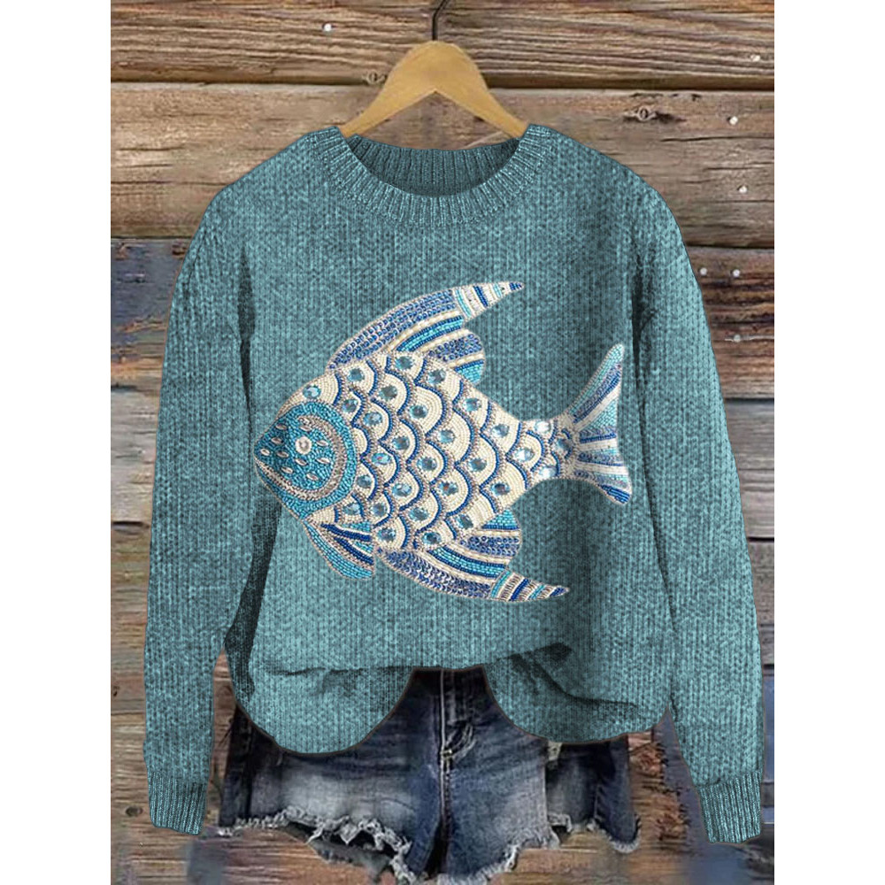 Jeweled Ocean Fish Pattern Knit Sweater