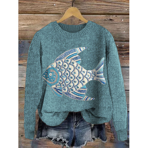 Jeweled Ocean Fish Pattern Knit Sweater