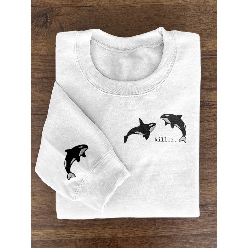 Killer Whale Embroidered Art Crew Neck Cozy Sweatshirt