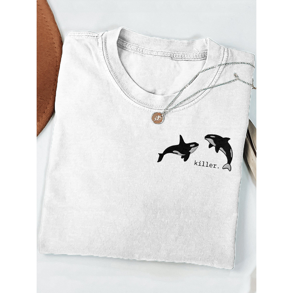 Killer Whale Embroidered Art Crew Neck Cozy T Shirt