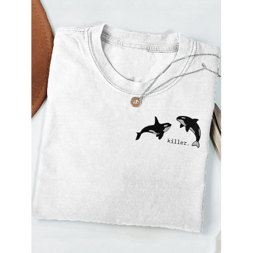 Killer Whale Embroidered Art Crew Neck Cozy T Shirt