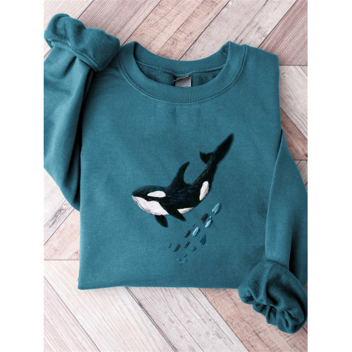 Killer Whale Embroidery Art Comfy Sweatshirt