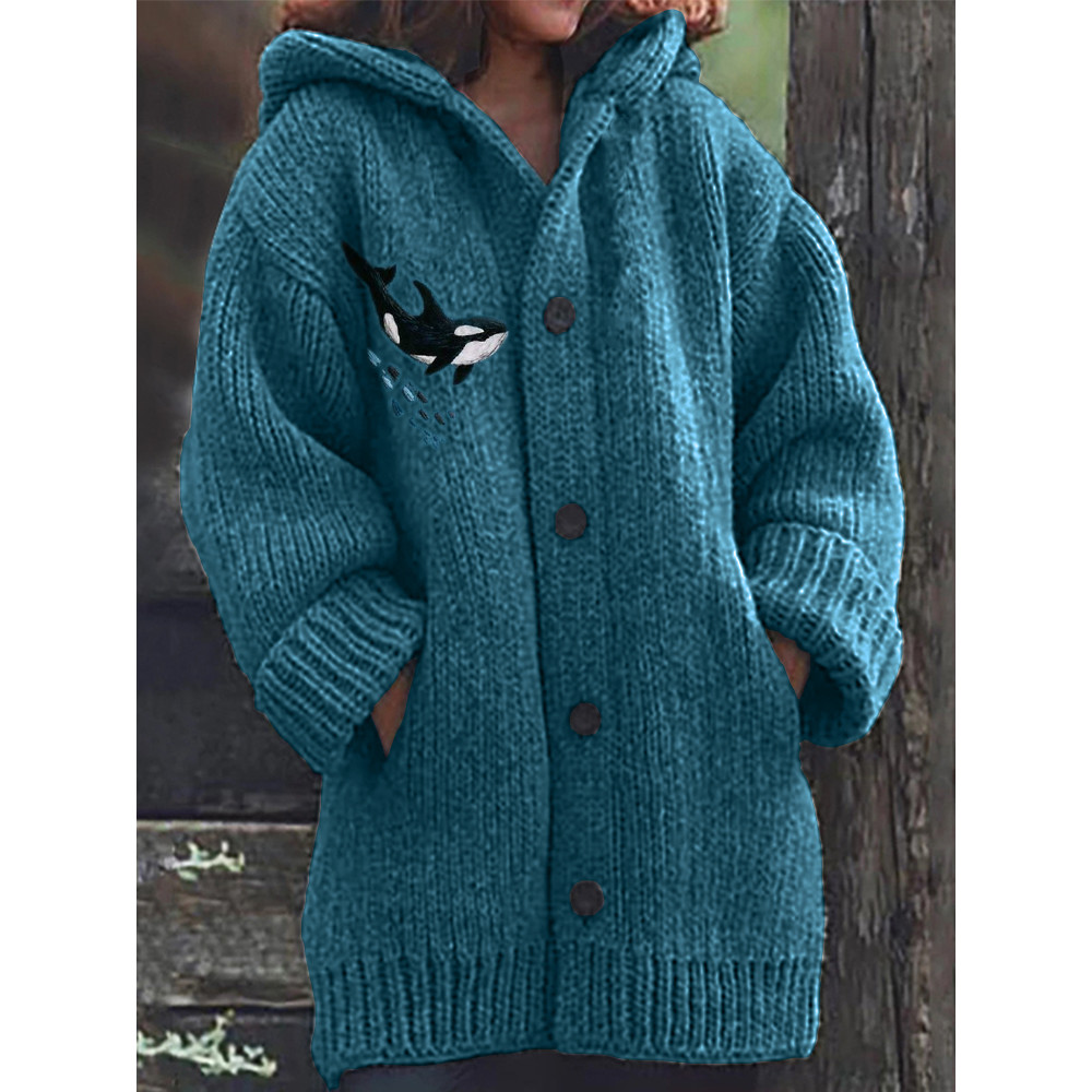 Killer Whale Embroidery Art Cozy Knit Hooded Cardigan