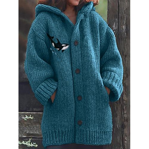 Killer Whale Embroidery Art Cozy Knit Hooded Cardigan