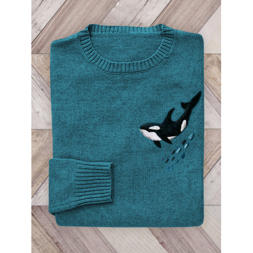 Killer Whale Embroidery Art Cozy Knit Sweater