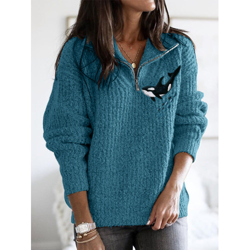 Killer Whale Embroidery Art Zip Up Cozy Knit Sweater
