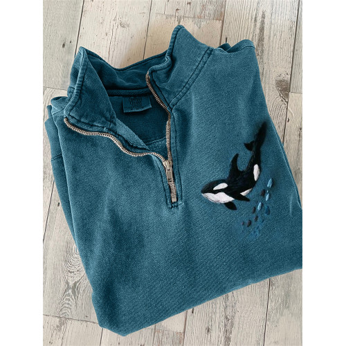 Killer Whale Embroidery Art Zip Up Sweatshirt