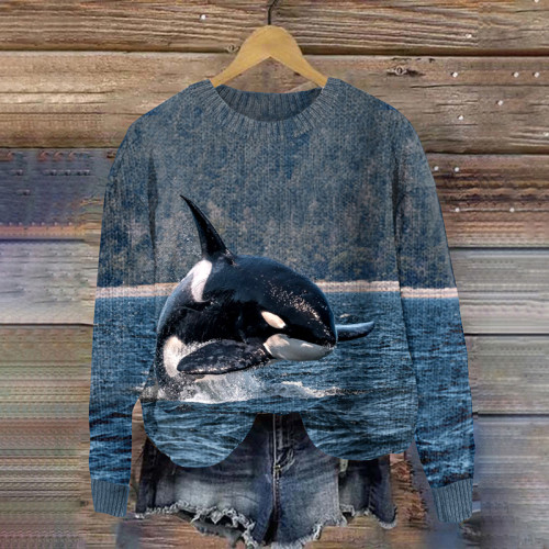 Killer Whale Leaps Out Of The Water Art Casual Cozy Knit Sweater