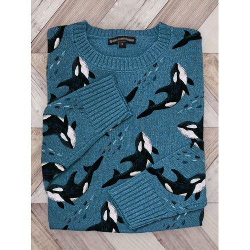 Killer Whales Embroidery Pattern Cozy Knit Sweater