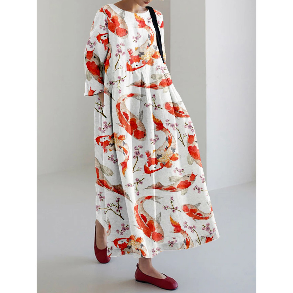 Koi Cherry Blossom Pattern Linen Blend Maxi Dress
