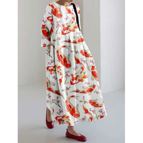Koi Cherry Blossom Pattern Linen Blend Maxi Dress