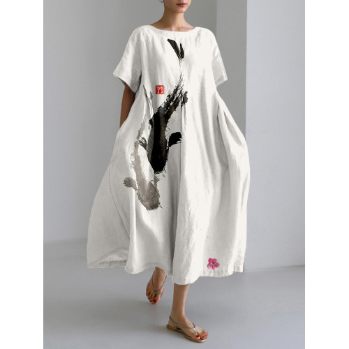 Koi Fish Playing With Sakura Flower Art Linen Blend Maxi Dress