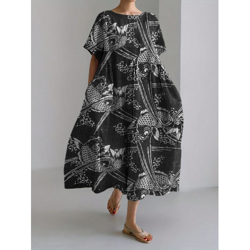 Koi Fish Sea Waves Japanese Pattern Linen Blend Maxi Dress