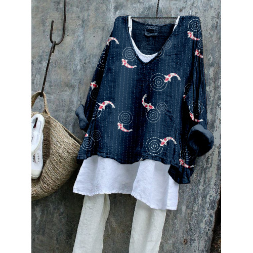 Koi Japanese Sashiko Art Linen Blend Tunic