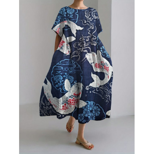 Koi Sea Waves Floral Japanese Art Linen Blend Maxi Dress
