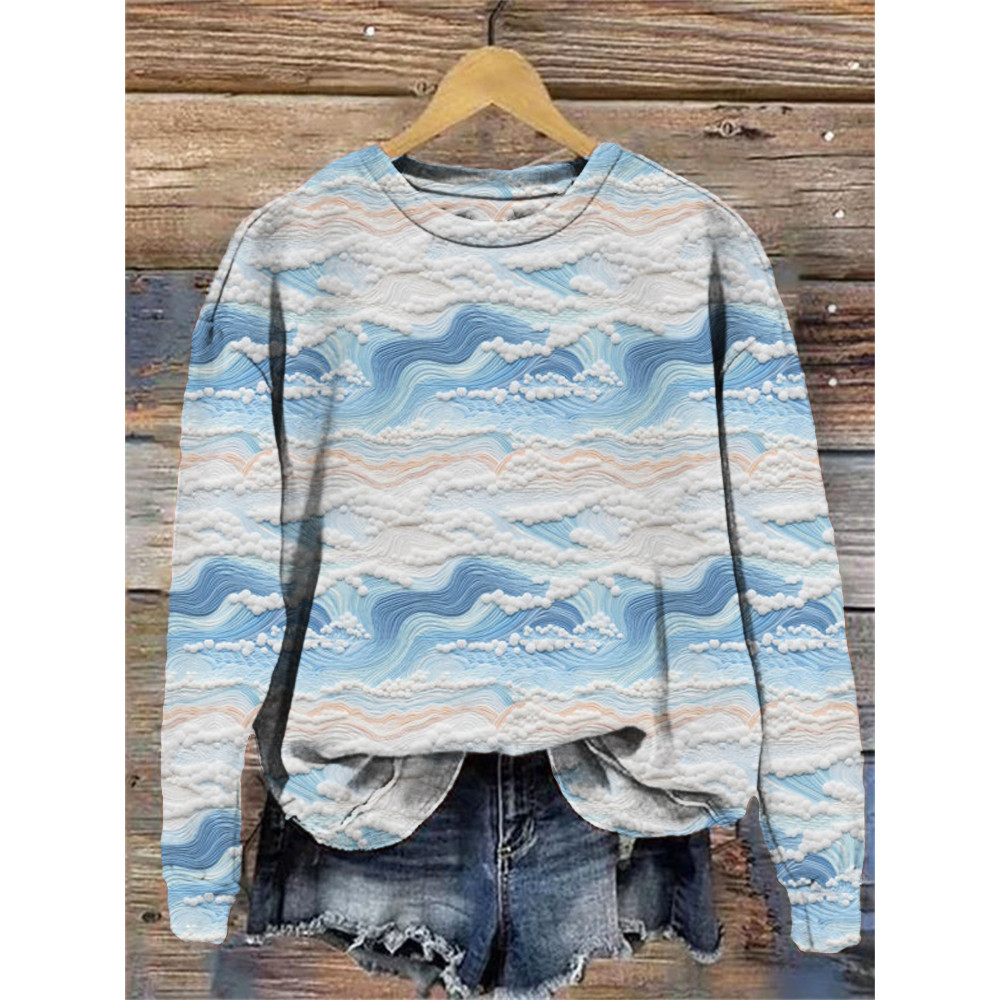 Landscape Wave Print Casual Sweatshirt