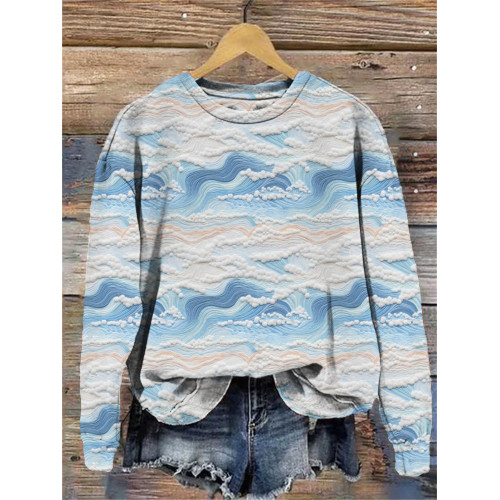 Landscape Wave Print Casual Sweatshirt