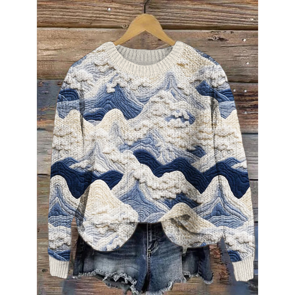 Landscape & Cloud Print Cozy Knit Sweater
