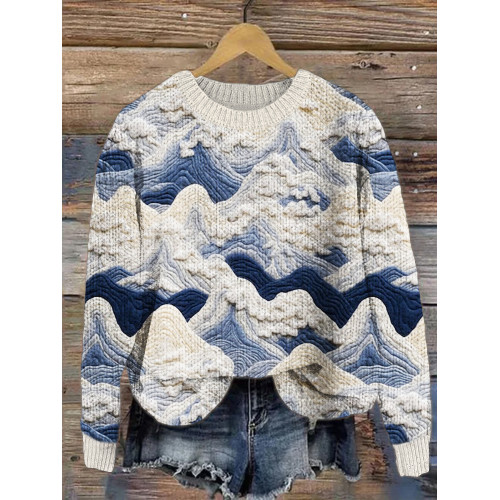 Landscape & Cloud Print Cozy Knit Sweater