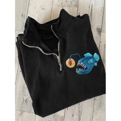 Lanternfish Embroidery Art Zip Up Sweatshirt