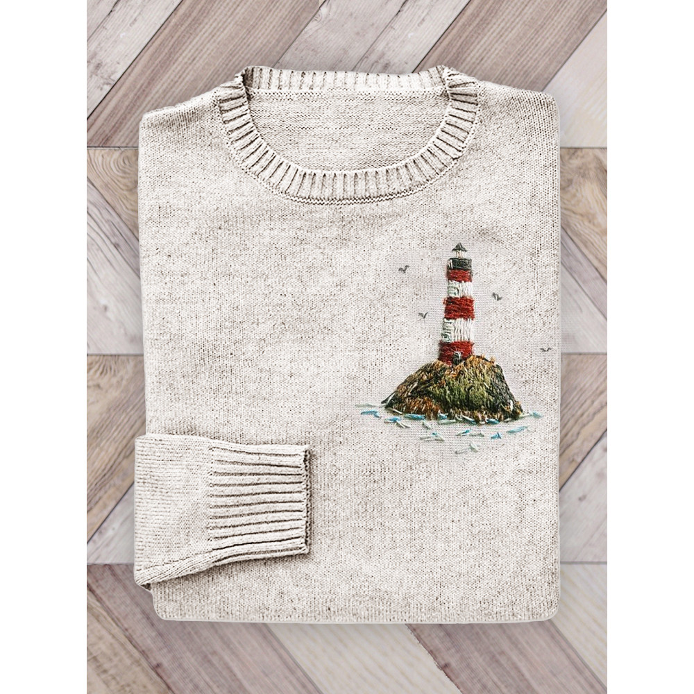 Lighthouse Embroidery Art Cozy Knit Sweater