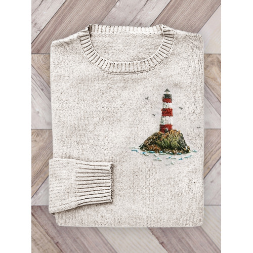 Lighthouse Embroidery Art Cozy Knit Sweater