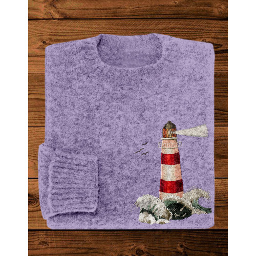 Lighthouse Embroidery Pattern Crew Neck Cozy Sweater