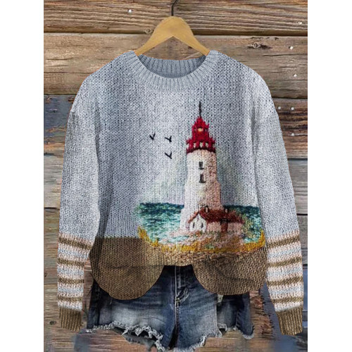 Lighthouse Seascape Contrast Knit Art Cozy Sweater