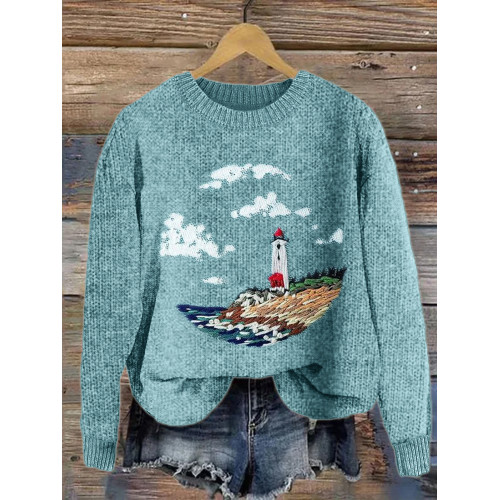 Lighthouse Seascape Embroidery Art Cozy Knit Sweater