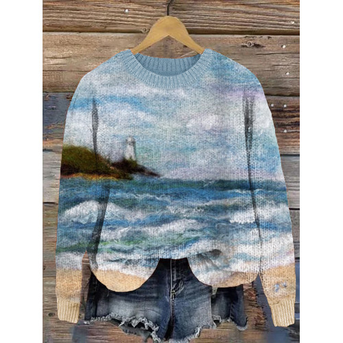 Lighthouse Seascape Felt Art Cozy Sweater